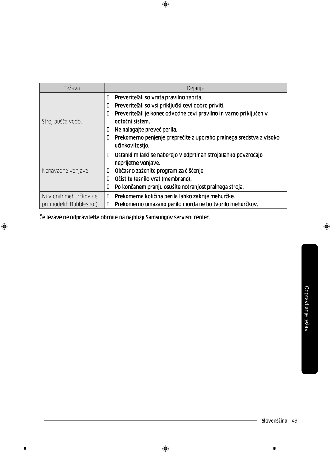 Samsung WW70J5345FW/LE, WW70J5355FW/AD, WW70J5355MW/AD, WW80J5345FW/LE, WW70J5345MW/LE, WW80J5345MW/LE manual Slovenščina 49  